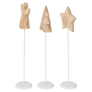 J-Line anges, arbres et étoiles - bois de paulownia - blanc/naturel - small - assortiment de 3