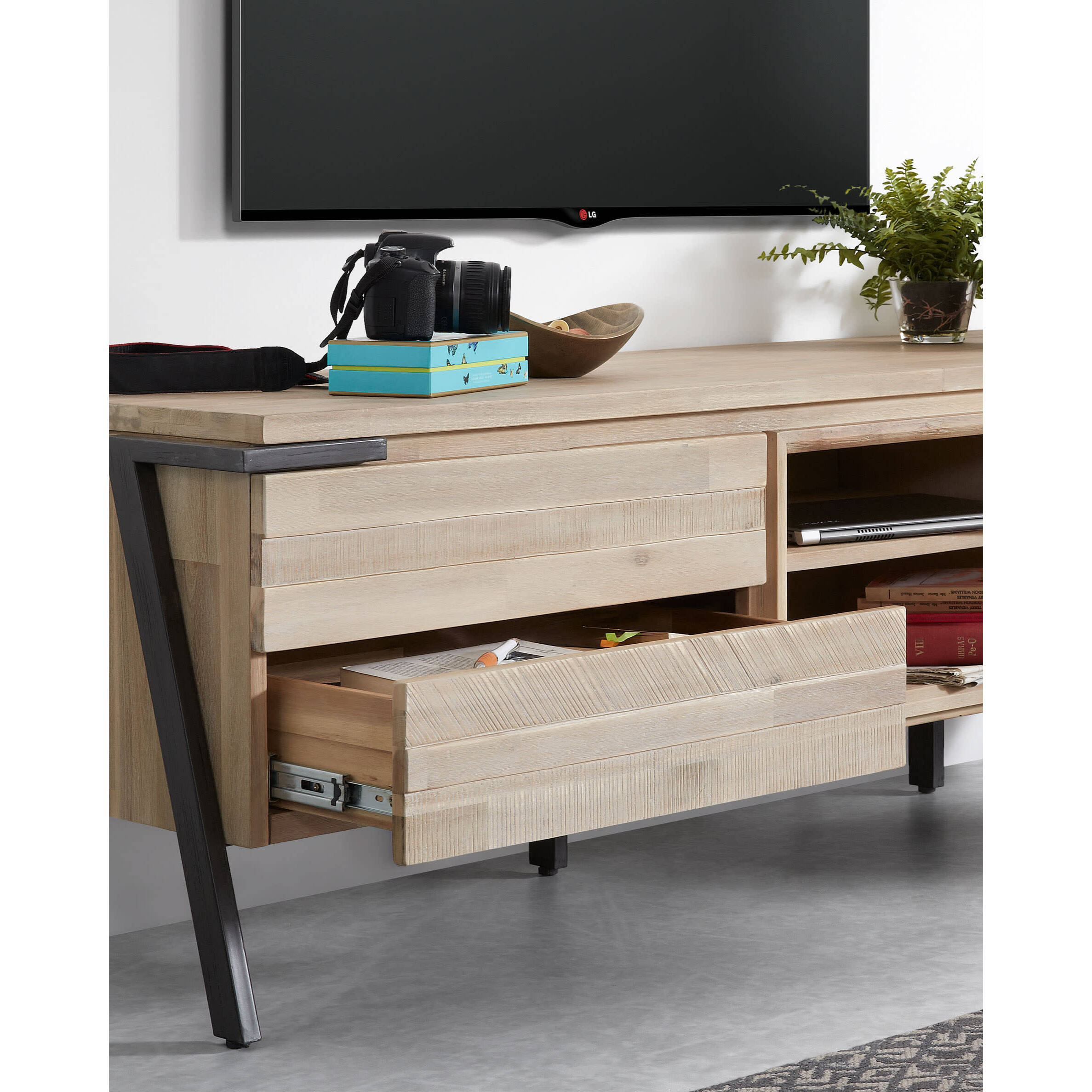 Mueble TV Thinh 1 puerta y 2 cajones madera maciza acacia y acero acabado negro 165x53 cm