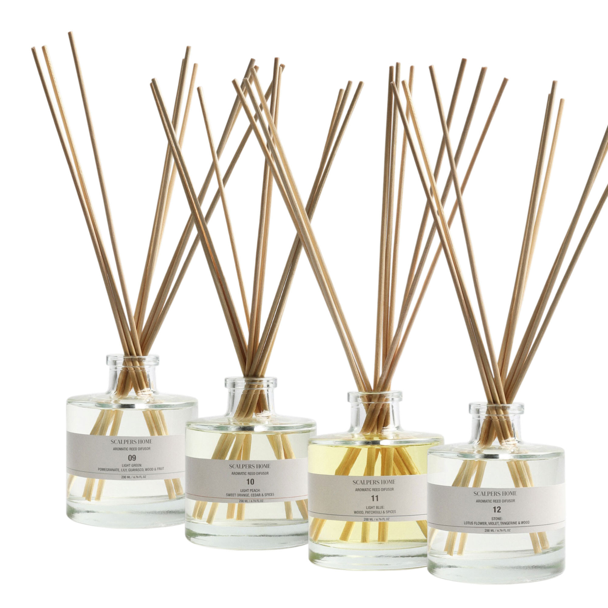 Set de 4 difusores mikado de 200ml aromas a white lotus-stone-light green-light peach scalpers