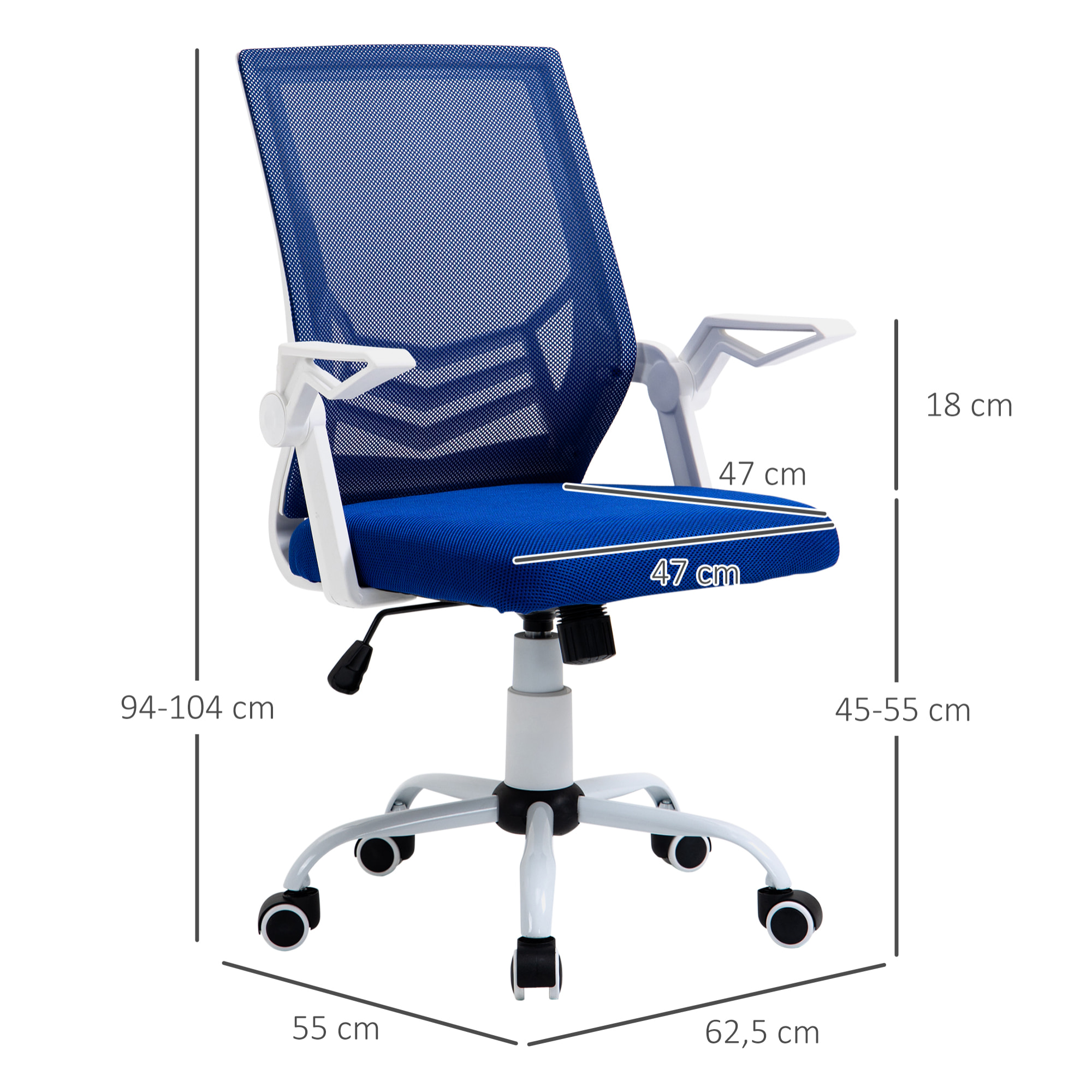 Silla de Oficina Ergonómica Silla Escritorio Giratoria con Altura Ajustable Reposabrazos Abatible Soporte Lumbar Transpirable para Adolescentes Adultos 62,5x55x94-104 cm Azul