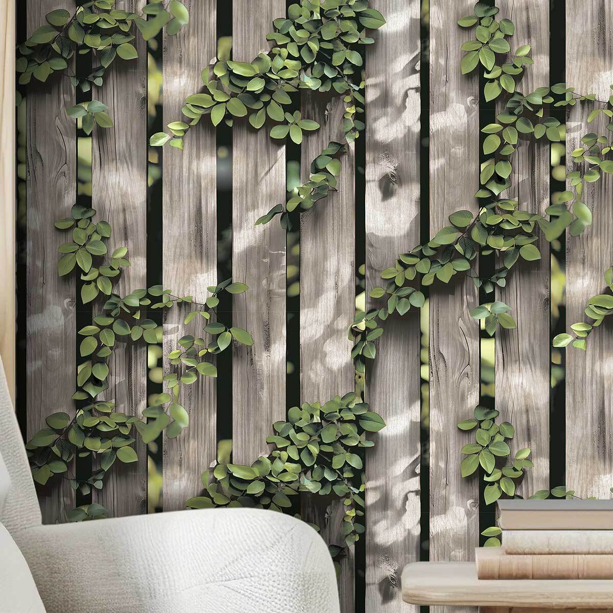 Papier peint clôture bois naturel avec feuillage grimpant