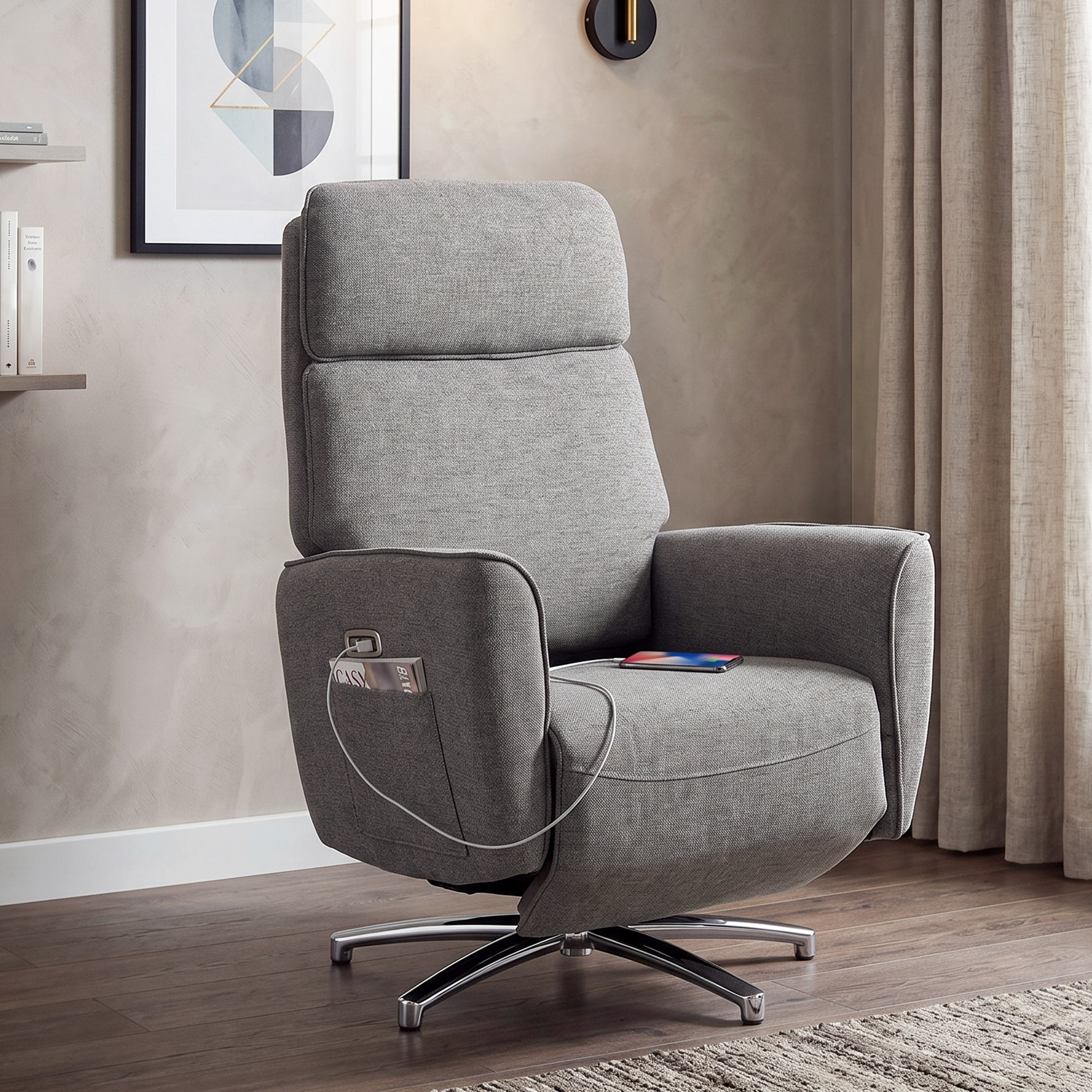 Fauteuil relax design électrique pivotant inclinable réglable acier chromé tissu gris