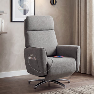 Fauteuil relax design électrique pivotant inclinable réglable acier chromé tissu gris