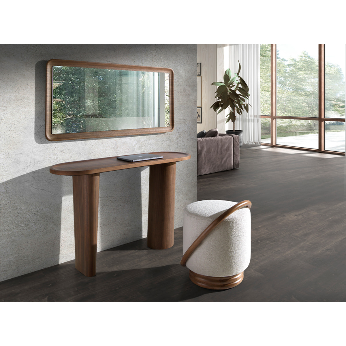 Consola Angel Cerdá ovalada medio punto en madera chapada en nogal natural 120x40x76cm