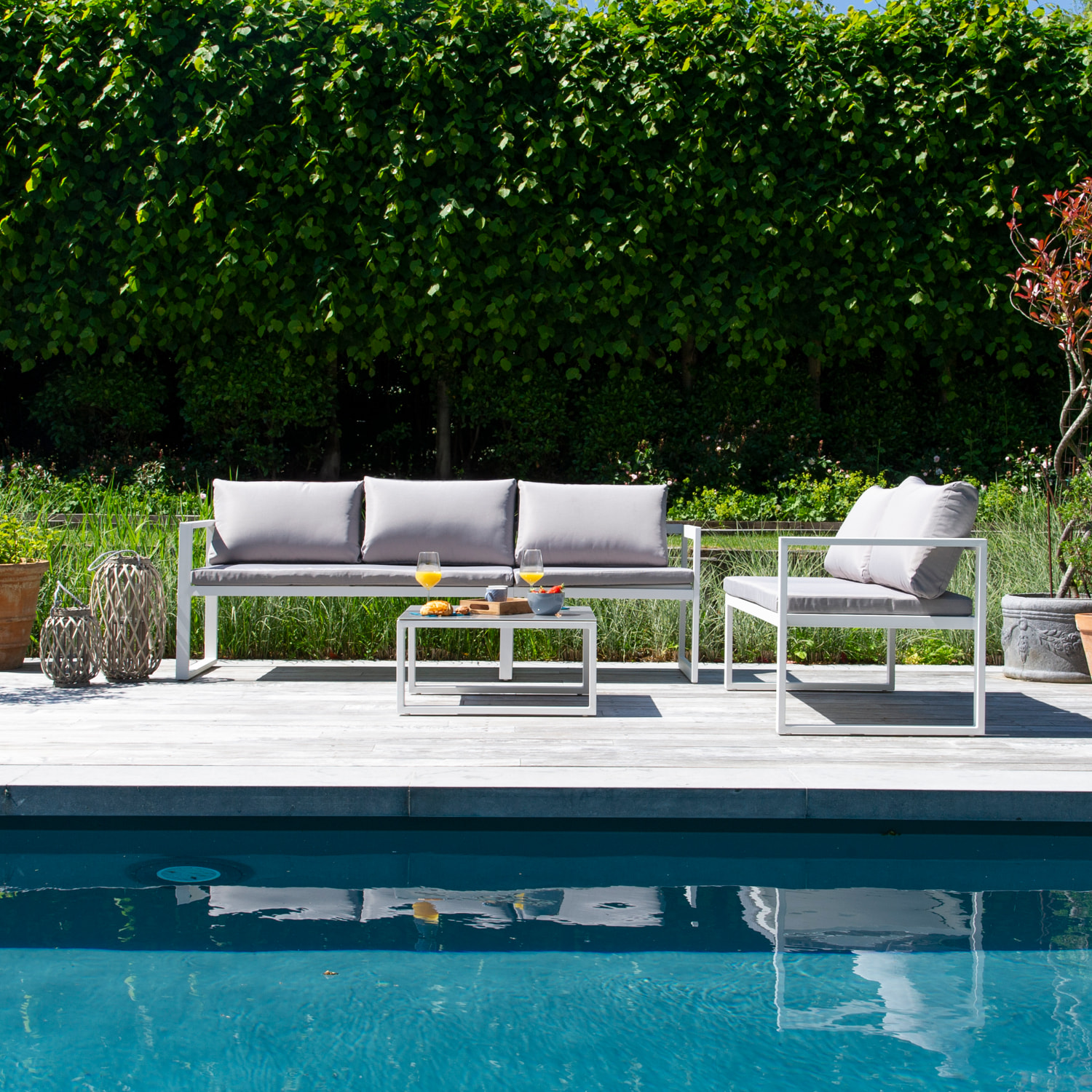 Salon de jardin modulable IBIZA en tissu gris 4 places - aluminium blanc