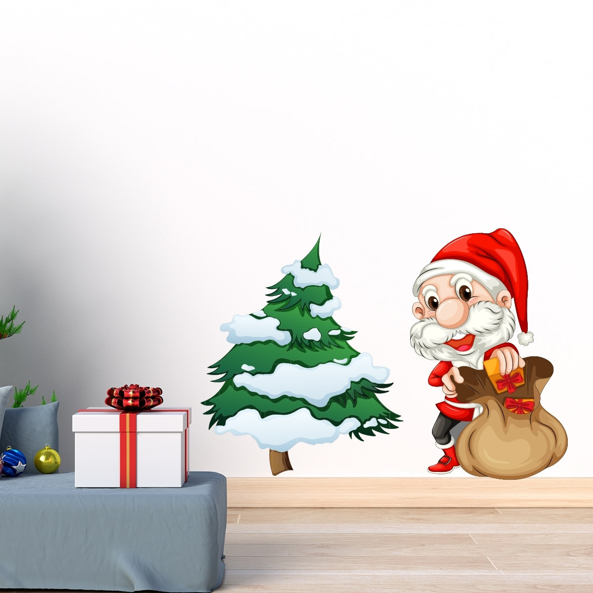 Sticker Noël le petit Père Noël et son sapin - Autocollants stickers adhésifs noël - décoration fêtes