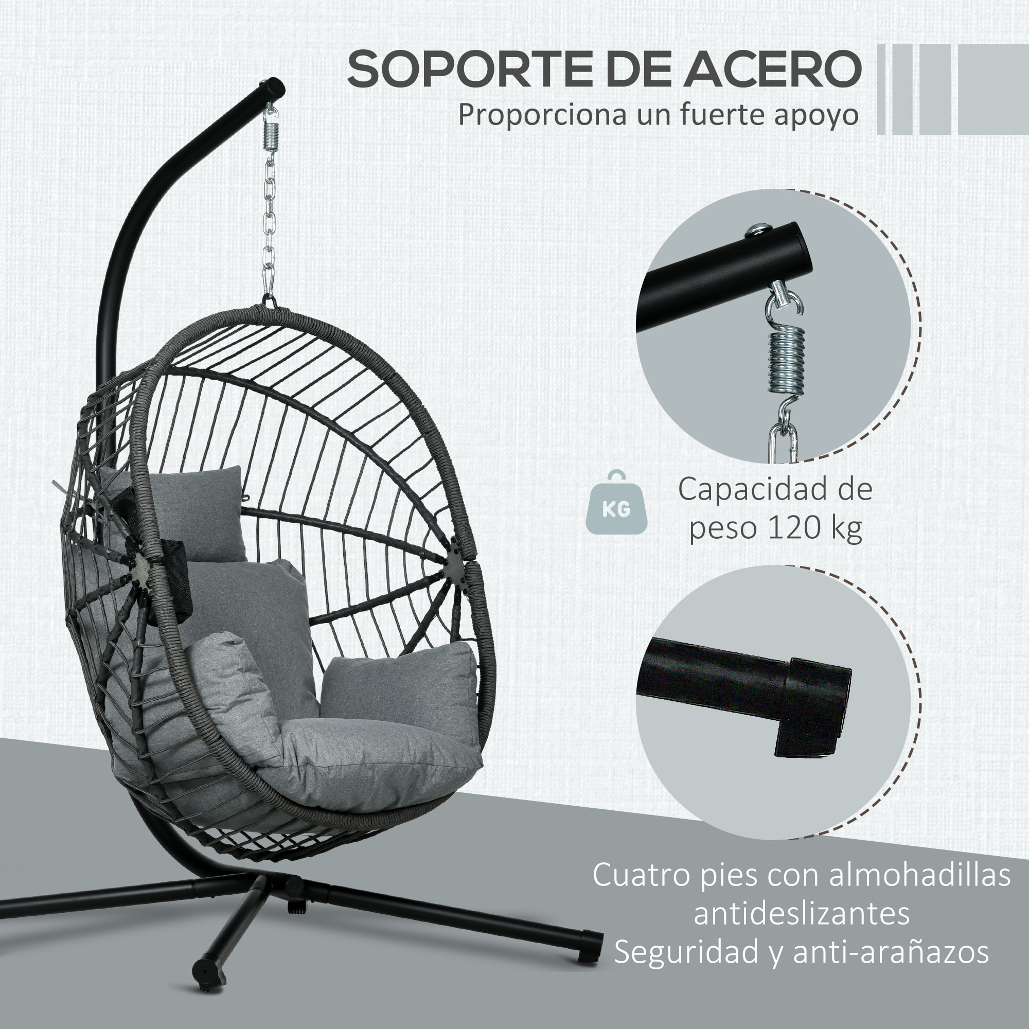 Silla Colgante Huevo con Soporte Columpio Jardín Exterior con Cesta Plegable Cojín y Reposacabezas Columpio Colgante para Interior y Exterior Carga 120 kg Gris