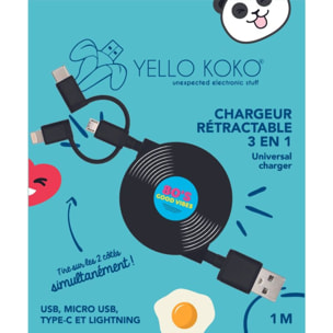 Câble trio YELLO KOKO USB vers USB-C/Micro/Lightning 1M Vinyl