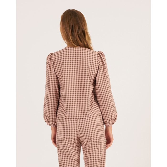 Camiseta de pijama de mujer de cuadros con lazadas