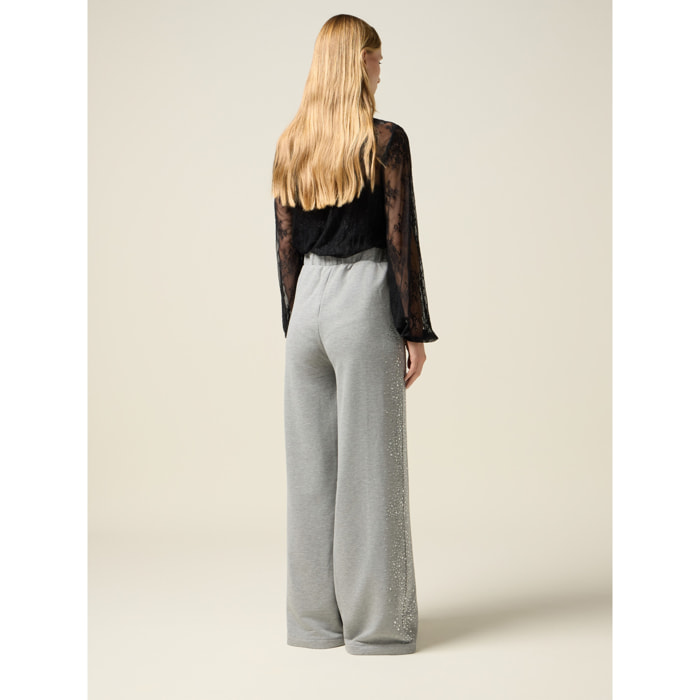 Oltre - Pantaloni palazzo in felpa con cristalli - Grigio