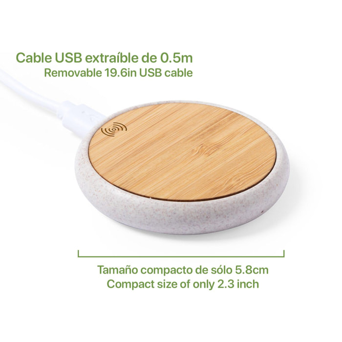Caricabatterie wireless Qi Fiore realizzato in canna di grano e bambù.