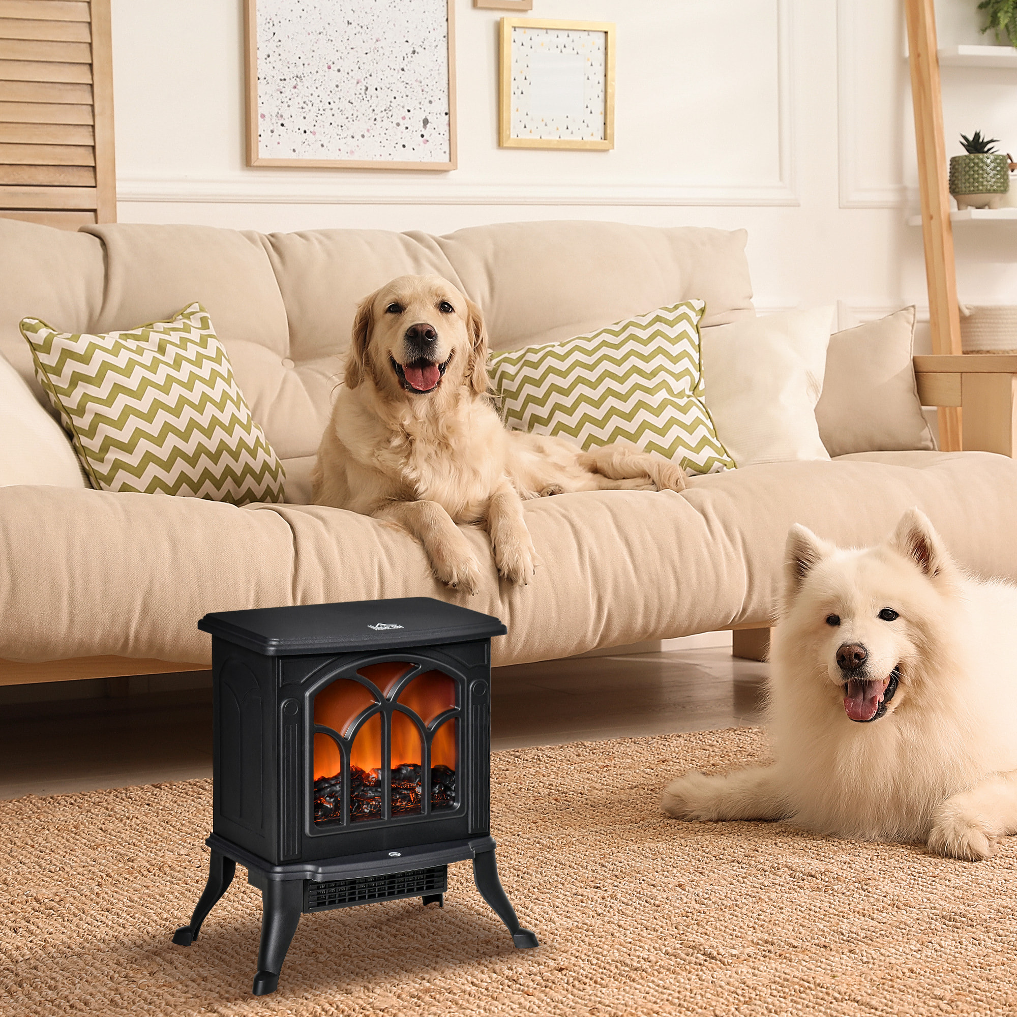 Chimenea Eléctrica de Pie 750/1500 W, Chimenea Decorativa con 2 Niveles de Potencia, Efecto Llama, Protección Sobrecalentamiento, Área de Cobertura 15-20 m², Negro