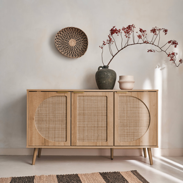 Buffet de rangement. Eva. cannage arrondis et décor bois. trois portes. deux niveaux . buffet bas. L 120 x l39 x H70cm
