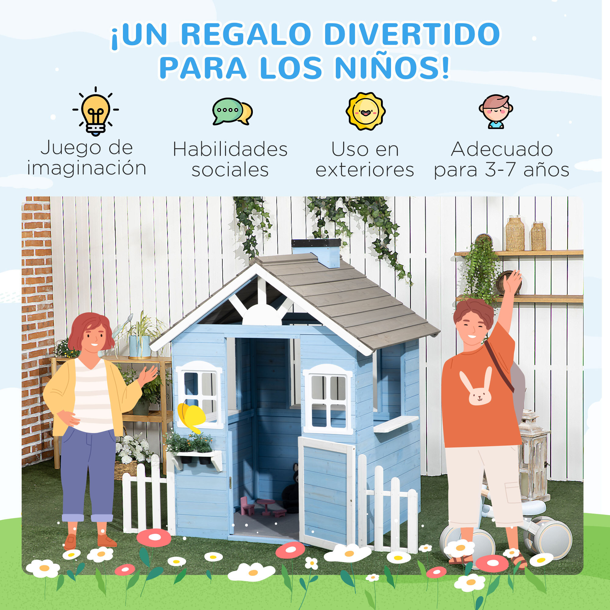 Casa de Madera Infantil Casa de Juegos Exterior para Niños de 3-7 Años con Puerta Ventanas Macetas y Vallas Laterales 151x112,5x142 cm Azul