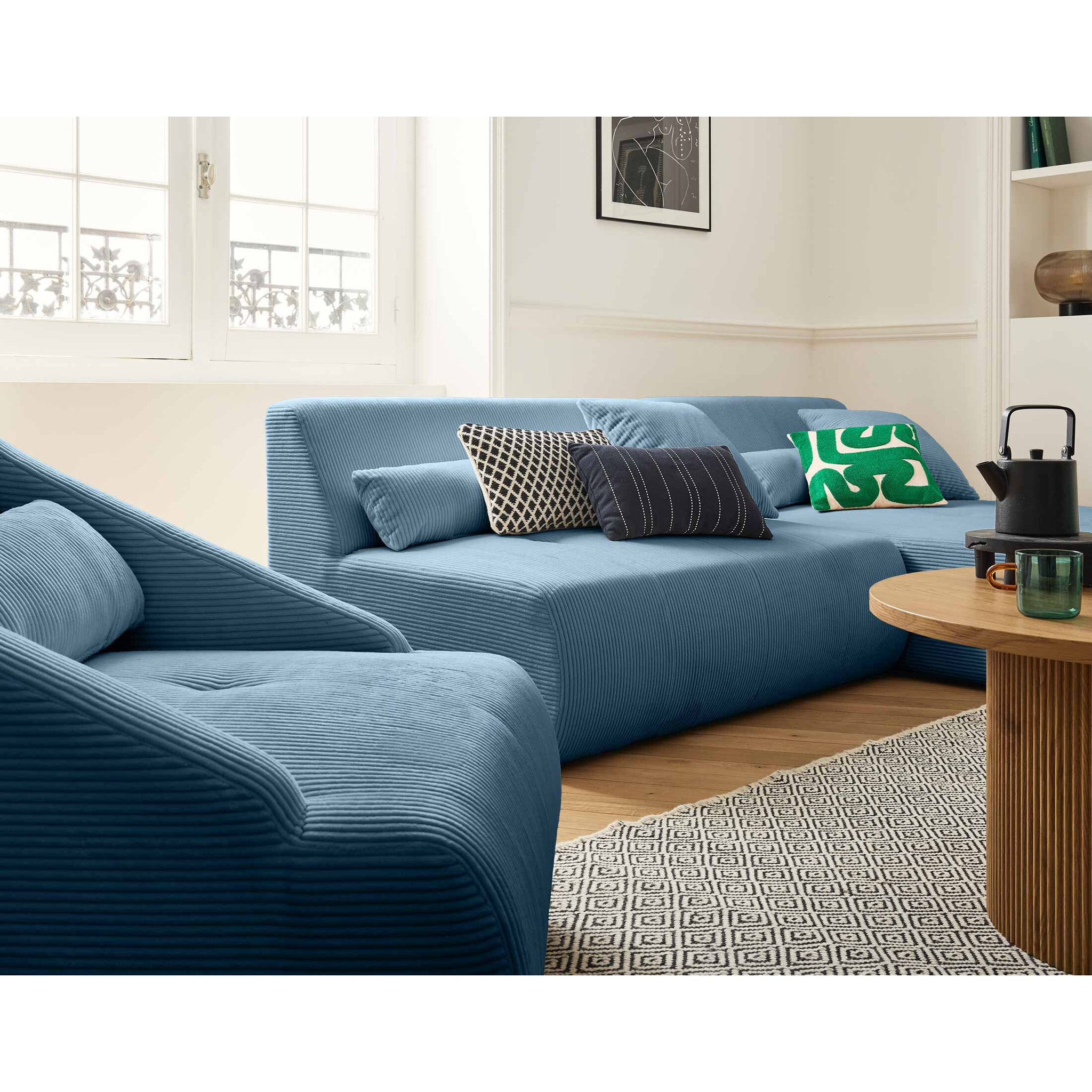 Onyx - canapé modulable d'angle réversible 4 places - en velours côtelé - Bleu