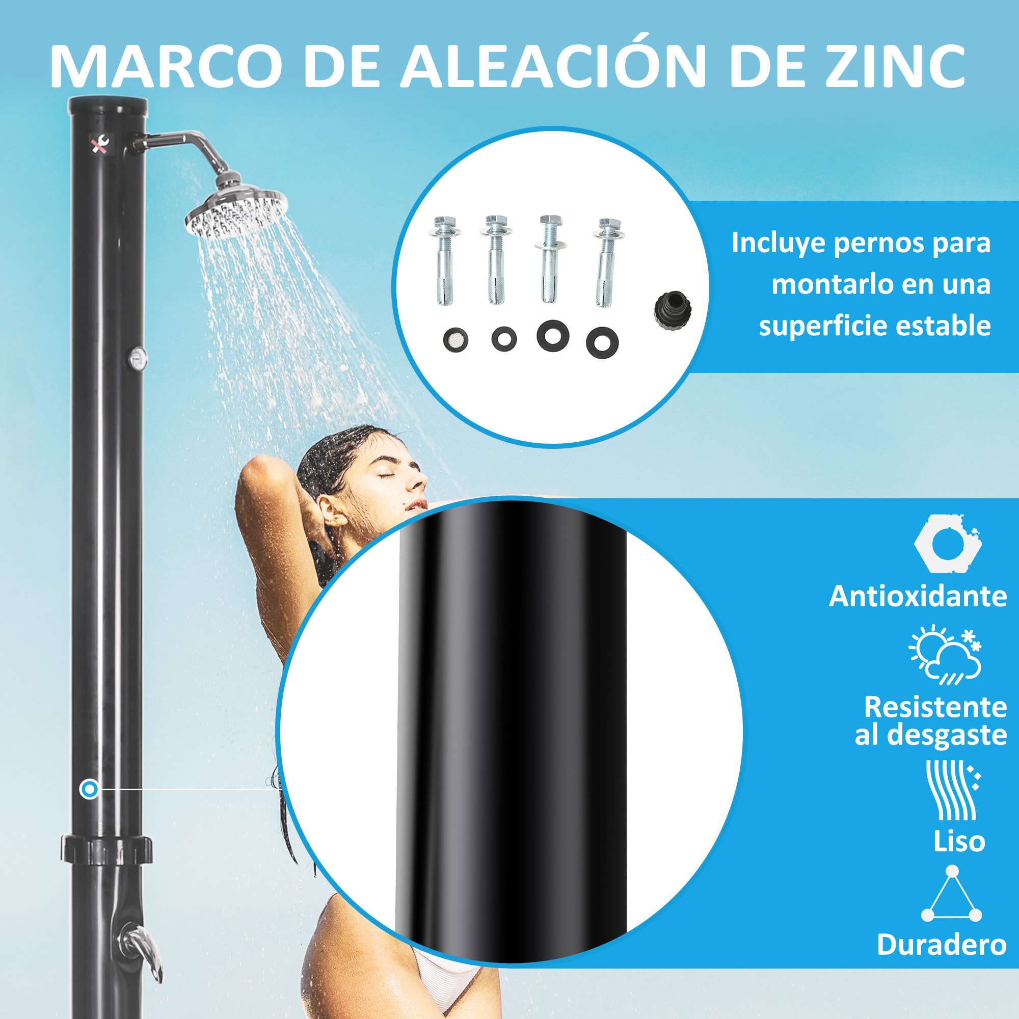 Ducha Solar de Jardín 20L Ducha Exterior con Cabezal de Ducha Redondo Grifo Agua Caliente Máx. 60℃ y Ducha para Pies para Piscina Patio Playa 15,5x15,5x222 cm Negro