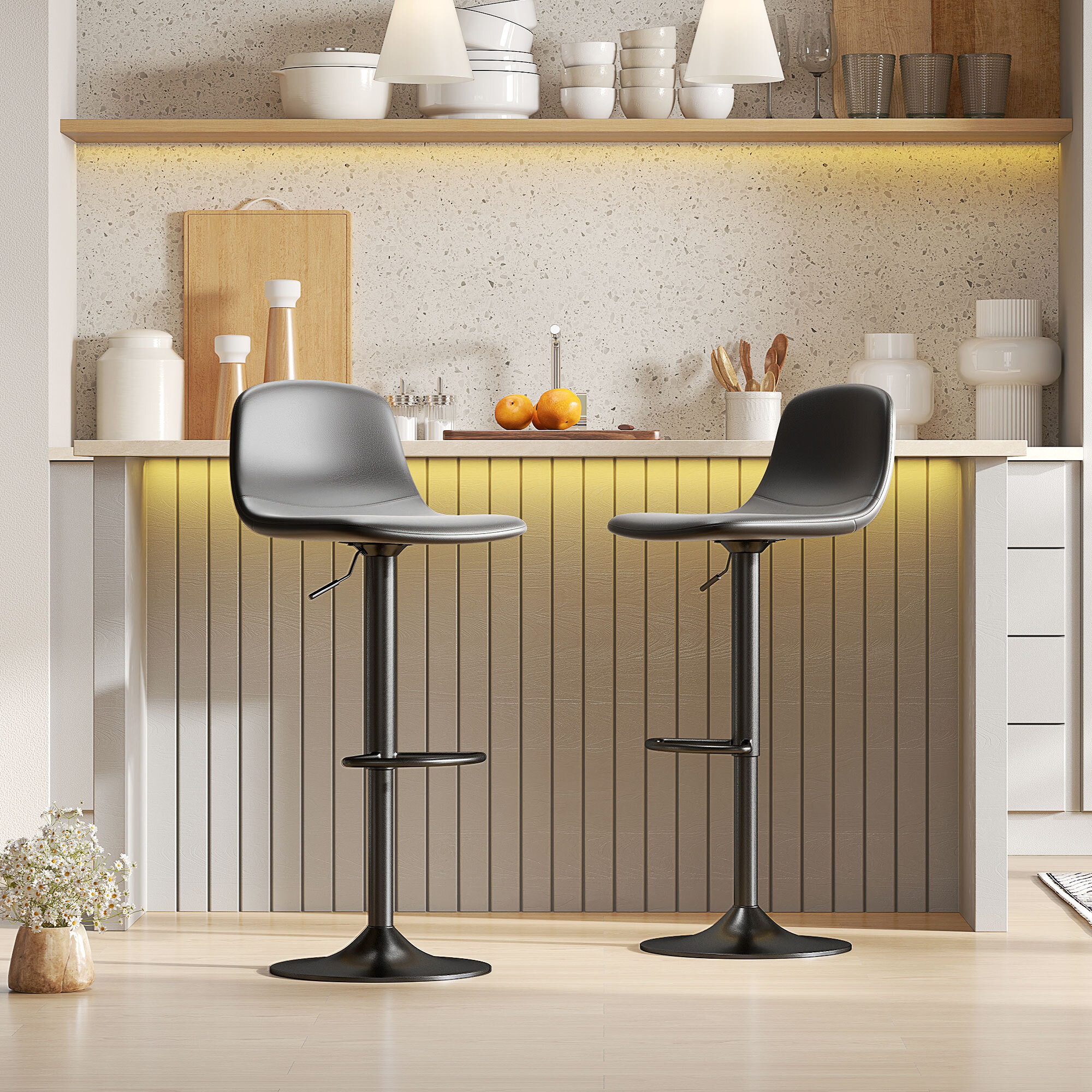 Juego de 2 Taburetes de Bar Taburetes Altos de Cocina Regulable en Altura 84-104 cm con Respaldo y Reposapiés Tapizado en PU Giratorio en 360° para Comedor Mostrador Negro