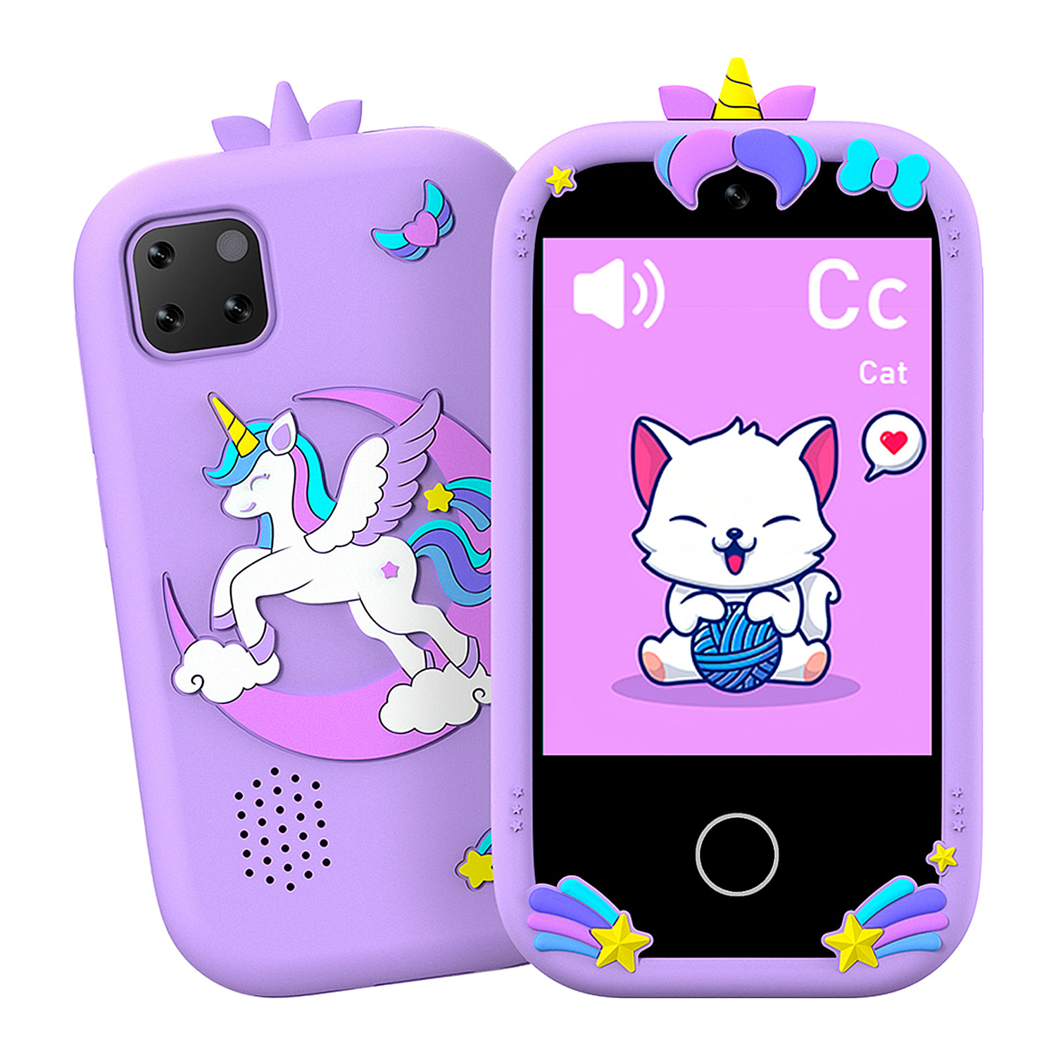 Telefono per bambini con 18 giochi e apprendimento in inglese, con fotocamera doppia e registrazione video. Schermo touchscreen da 2,8". Senza possibilità di SIM o chiamate. Custodia in silicone unicorno.