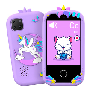 Telefono per bambini con 18 giochi e apprendimento in inglese, con fotocamera doppia e registrazione video. Schermo touchscreen da 2,8". Senza possibilità di SIM o chiamate. Custodia in silicone unicorno.