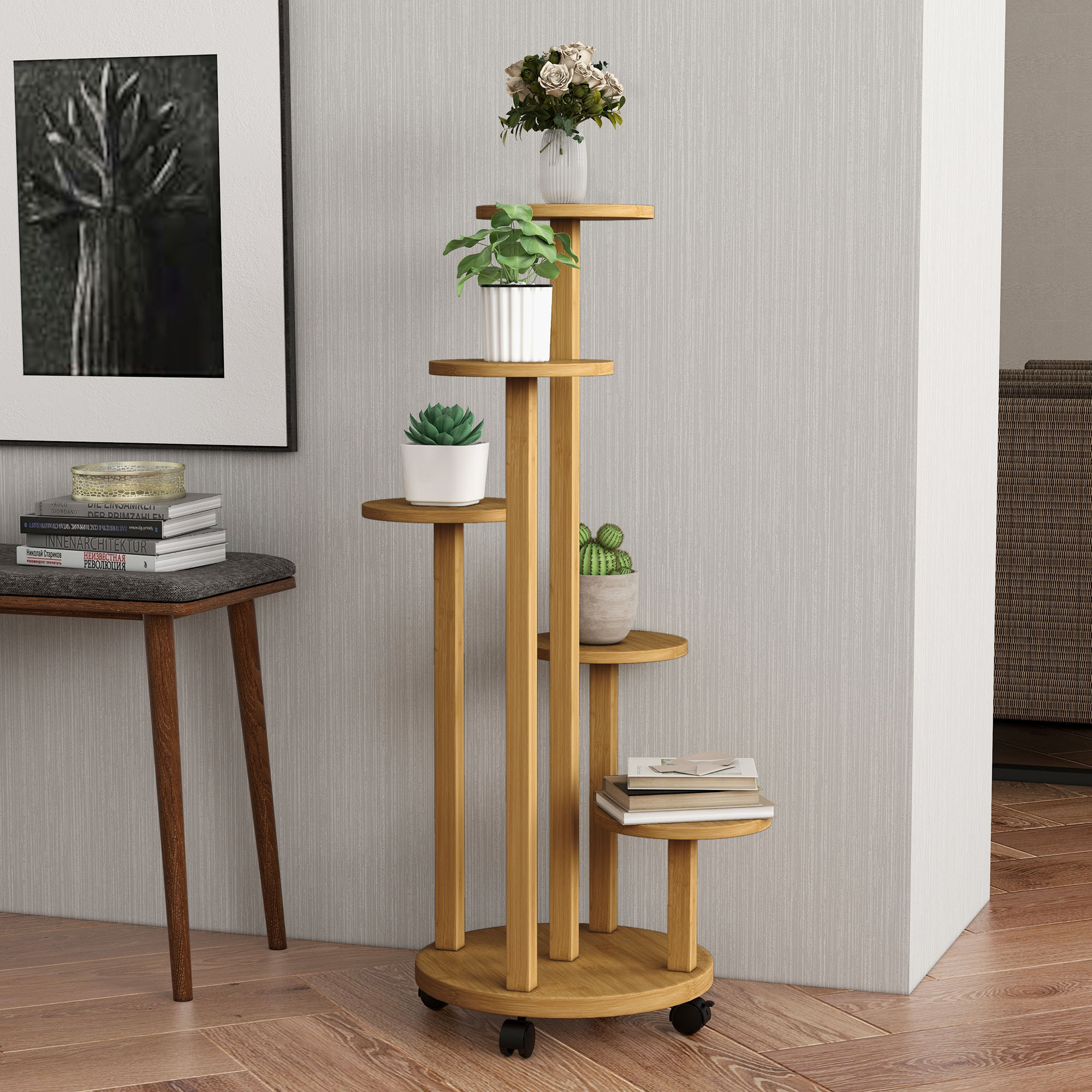 Soporte para Plantas de Bambú con Ruedas de 5 Niveles, Estantería Redonda para Plantas para Esquina, Soporte para Macetas, Interior y Exterior, 33x33x90 cm, Natural