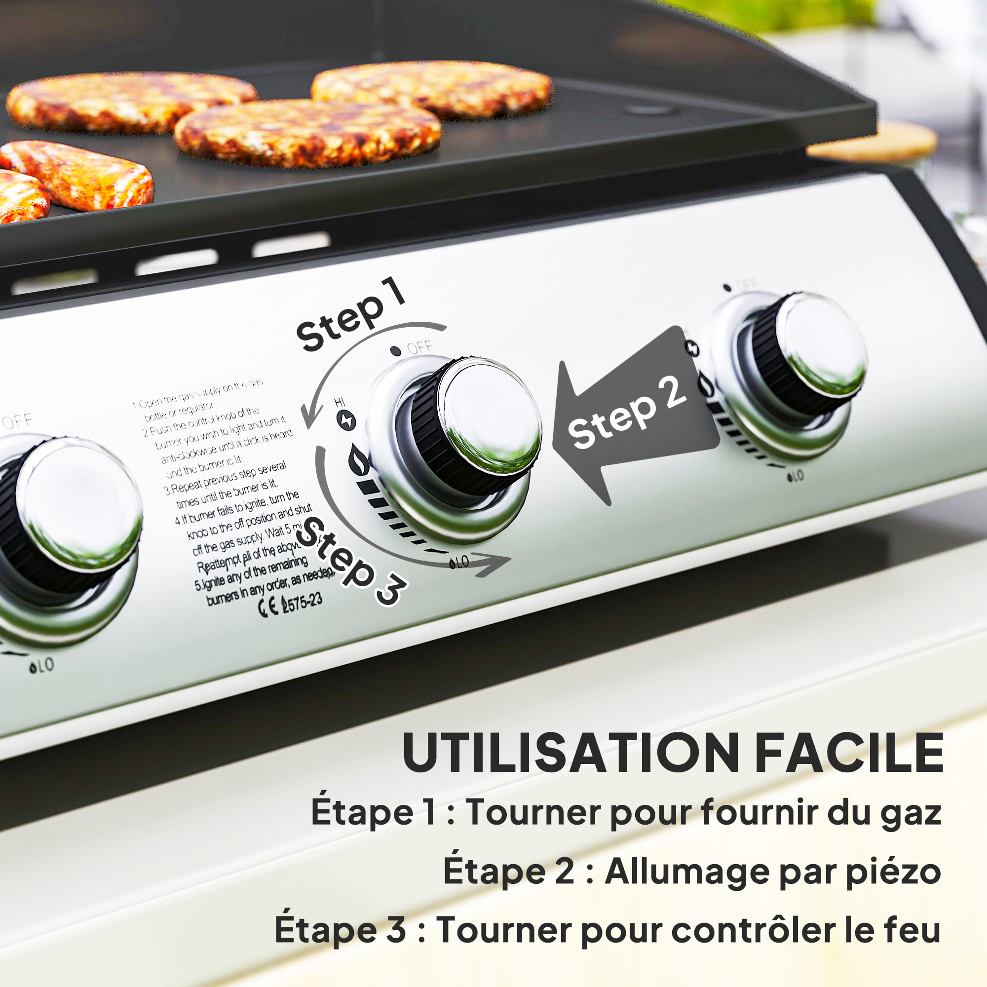 Plancha gaz avec couvercle - 3 brûleurs total 7,5 kW - surface cuisson 61 x 35,5 cm - détendeur tuyau inclus