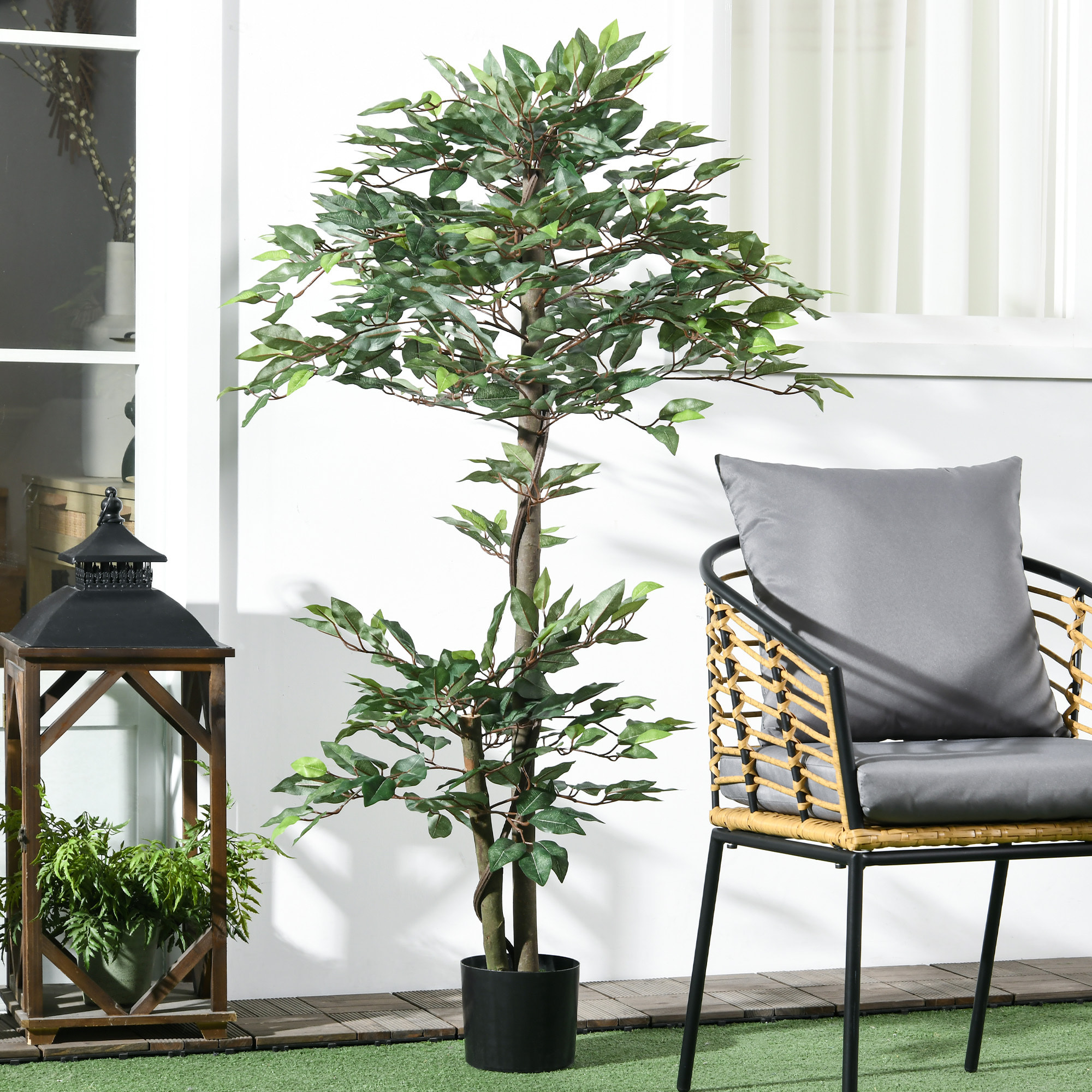 Plante artificielle ficus H.1,5 m troncs branches liane lichen feuilles grand réalisme pot inclus