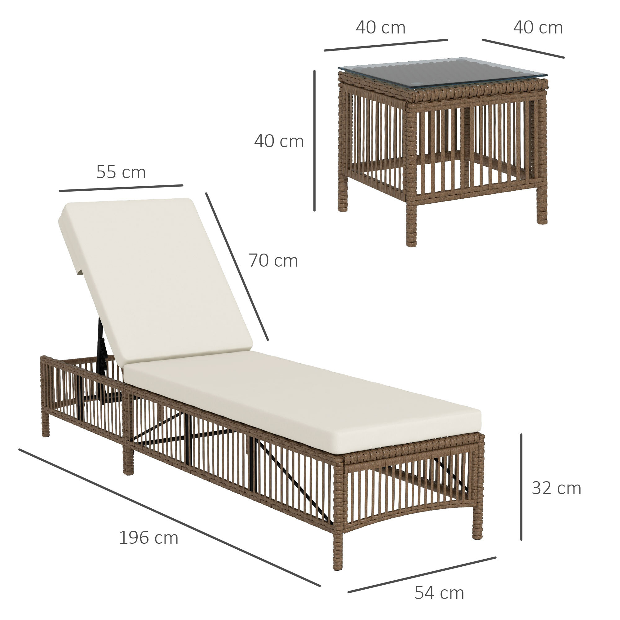 Conjunto de 2 Tumbonas de Jardín Exterior Tumbonas de Mimbre Tejido con Mesa de Tapa de Vidrio Respaldo Reclinable de 5 Posiciones y Cojines Suaves 196x54x32 cm Beige