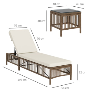 Conjunto de 2 Tumbonas de Jardín Exterior Tumbonas de Mimbre Tejido con Mesa de Tapa de Vidrio Respaldo Reclinable de 5 Posiciones y Cojines Suaves 196x54x32 cm Beige