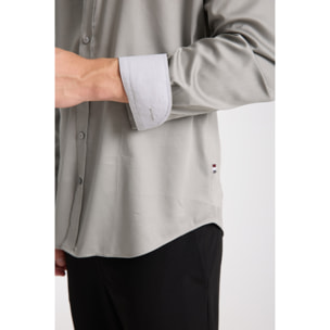 camicia uomo 1 bottone button down slim Satin Unito Grigio Medio