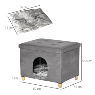 Cueva para Gatos 2 en 1 Taburete Reposapiés con Tapa Extraíble Orificio de Entrada Cojín Lavable y Patas Elevadas de Madera para Interior 60x45x44,5 cm Gris