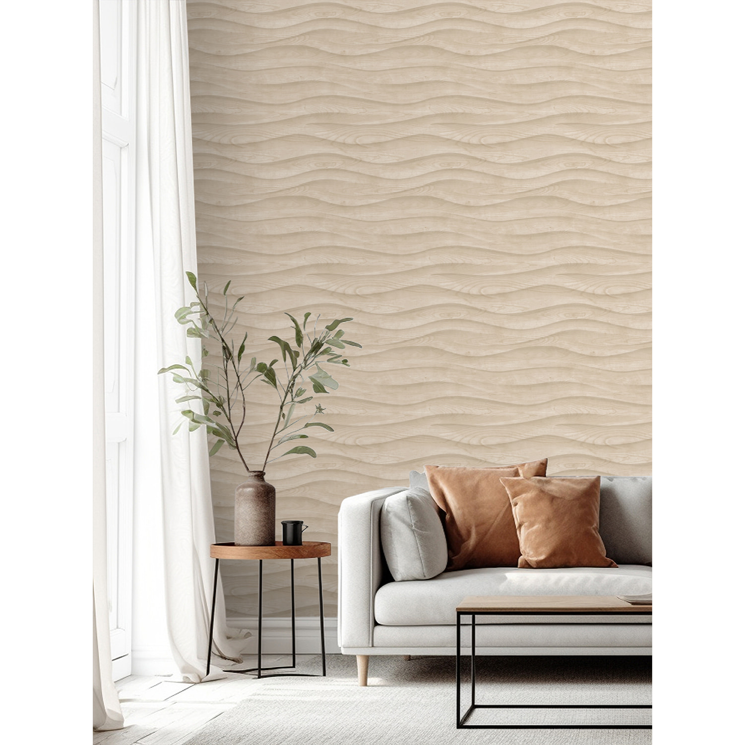 Papier peint effet bois sculpté vagues beige clair