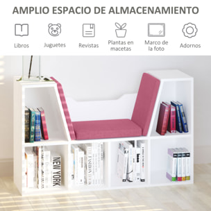 Librería con Asiento, Estantería de Libros con 6 Cubos, Estantería Almacenamiento con Banco con Cojín, Multiusos para Sala de Estar, Oficina, Dormitorio, 102x30x61cm, Blanco y Rosa