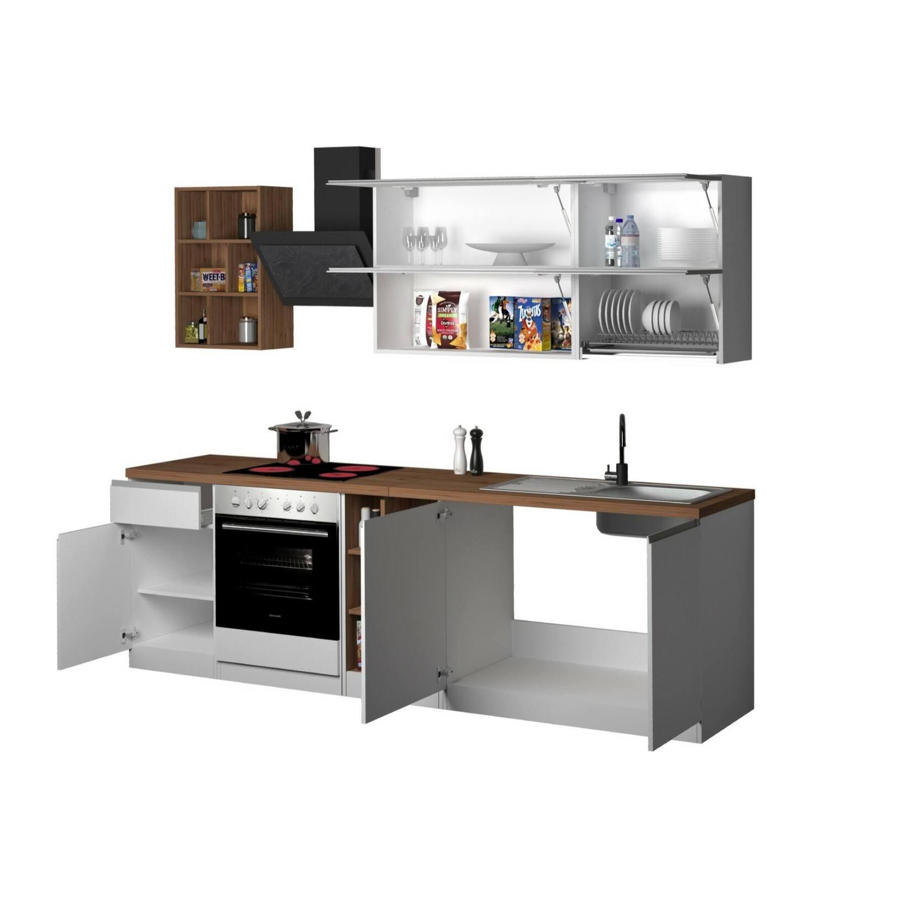 Cucina completa Dcastill, Cucina pratica e salvaspazio, Parete da cucina con 5 ante e 1 cassetto, 100% Made in Italy, 255x60h85 cm, Bianco lucido e Rovere