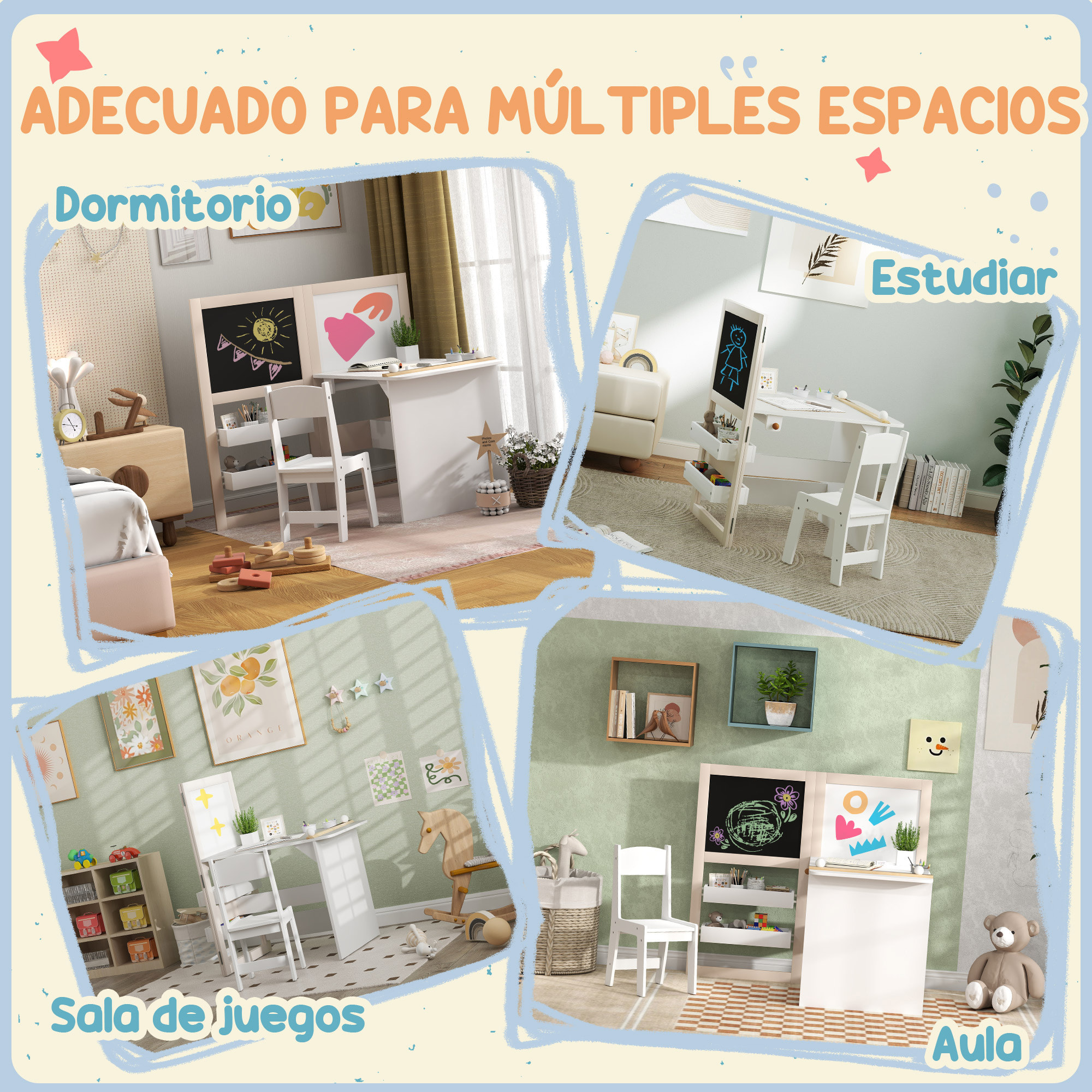 Mesa y Silla Infantil de 2 Piezas Mesa Infantil con Silla y Caballete Plegable Mesa para Niños de +3 Años con Estantes y Rollo de Papel para Dormitorio Sala de Juegos Blanco