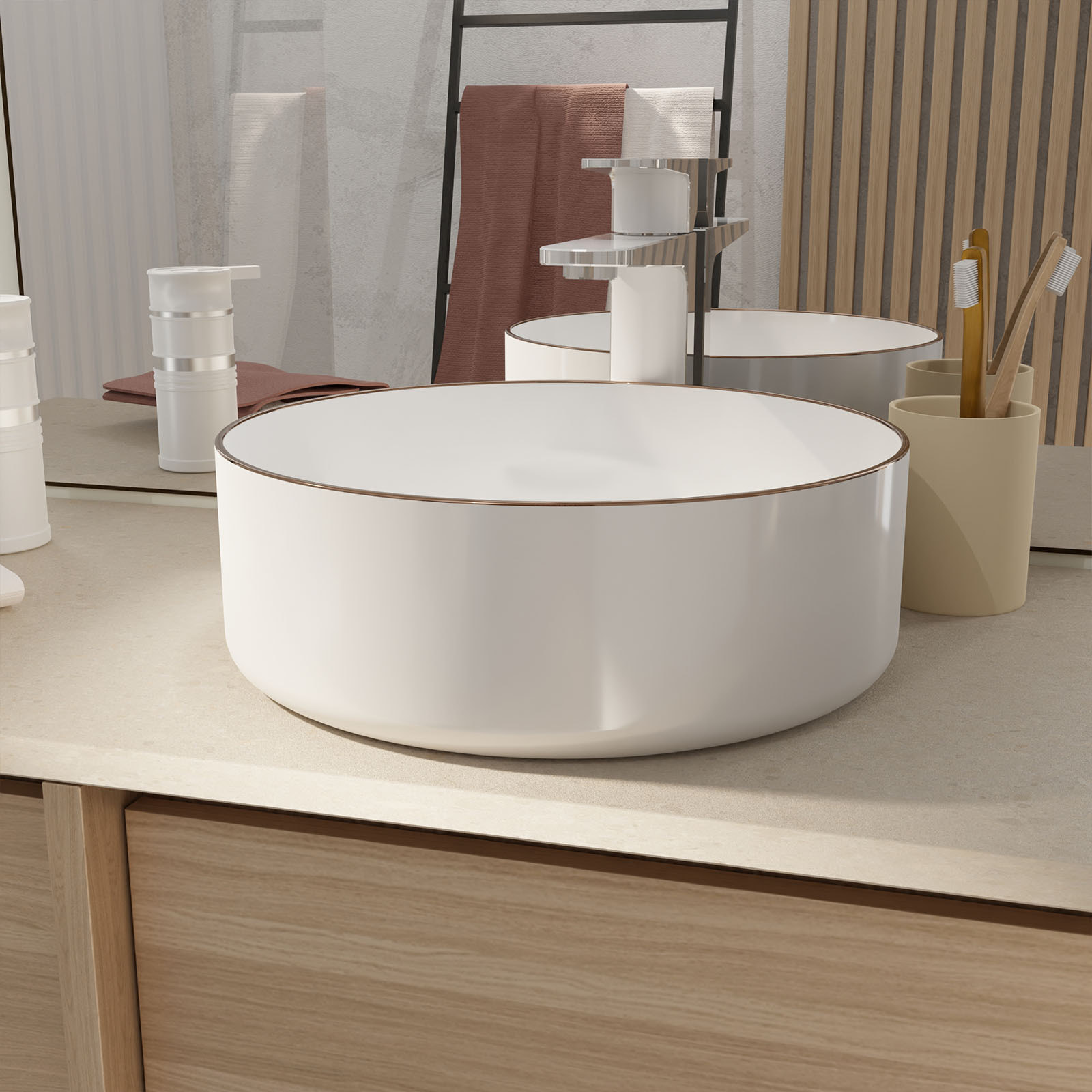 Vasque à poser ronde en céramique - Diamètre 36cm - Hauteur 12cm - Blanc et Liseré Or Rose