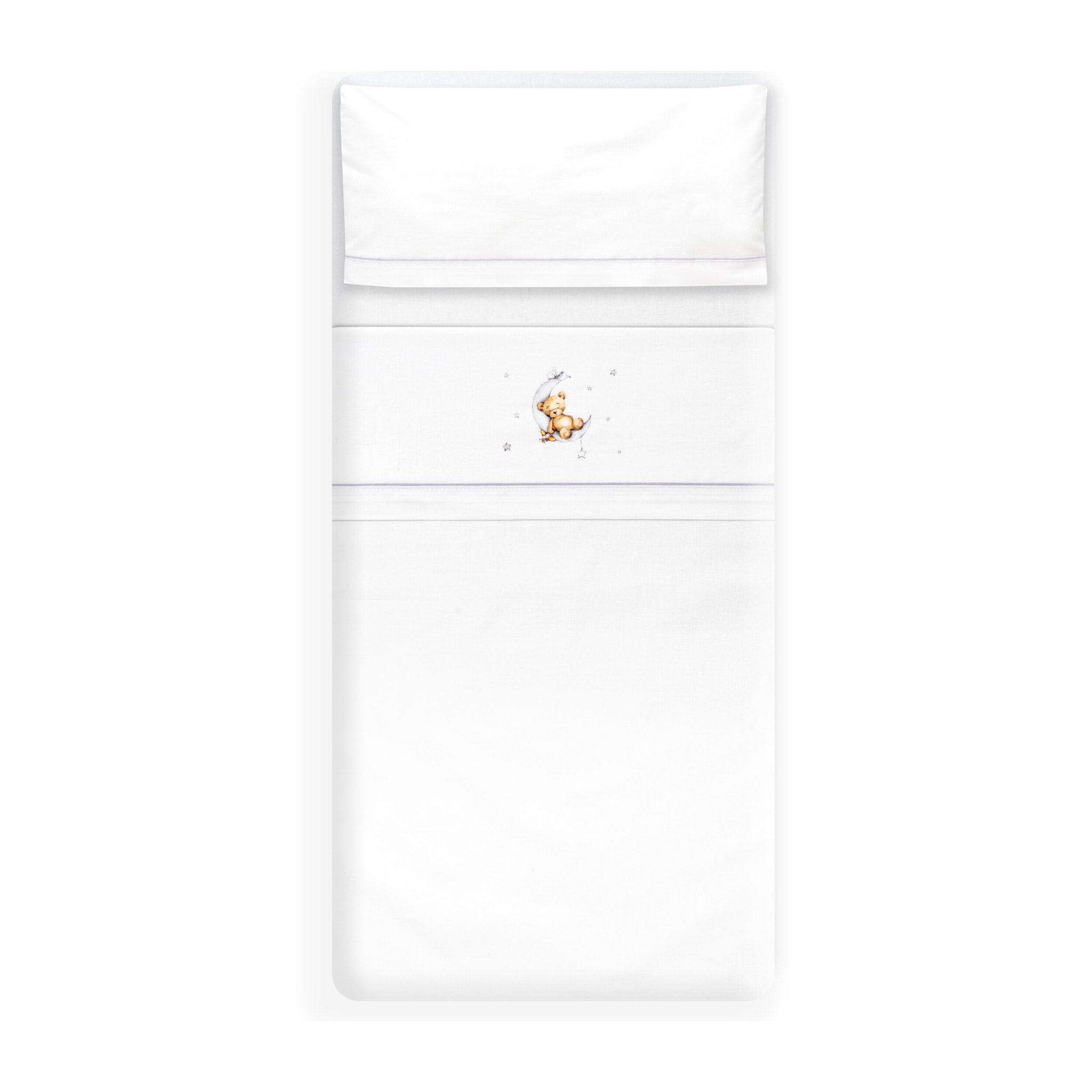 Triptico Cuna Estampado Oso Luna Estrellas + Broche Bco/Gris