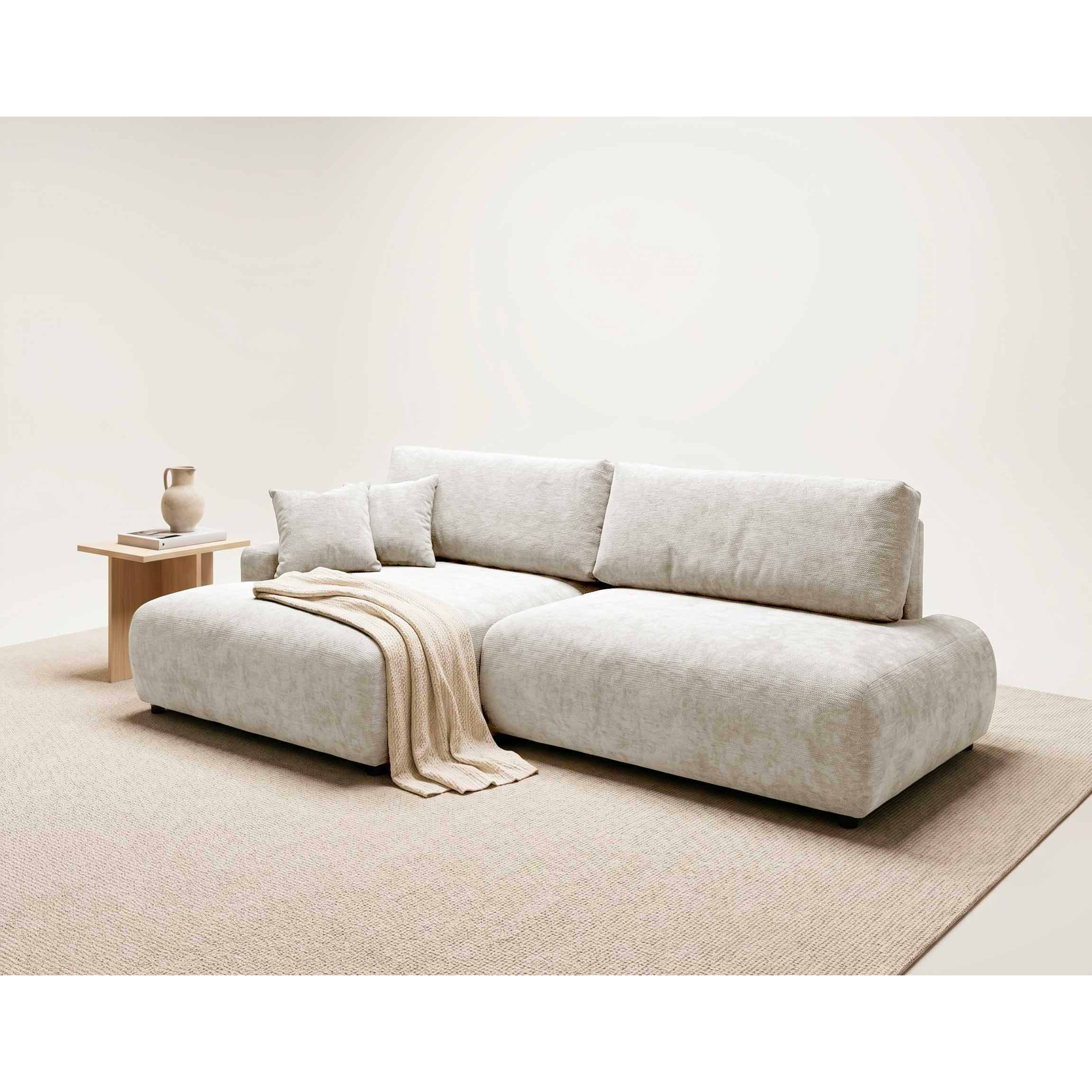 Pivoine - Canapé d'angle ouvert gauche 4 places convertible avec coffre en tissu texturé - Beige