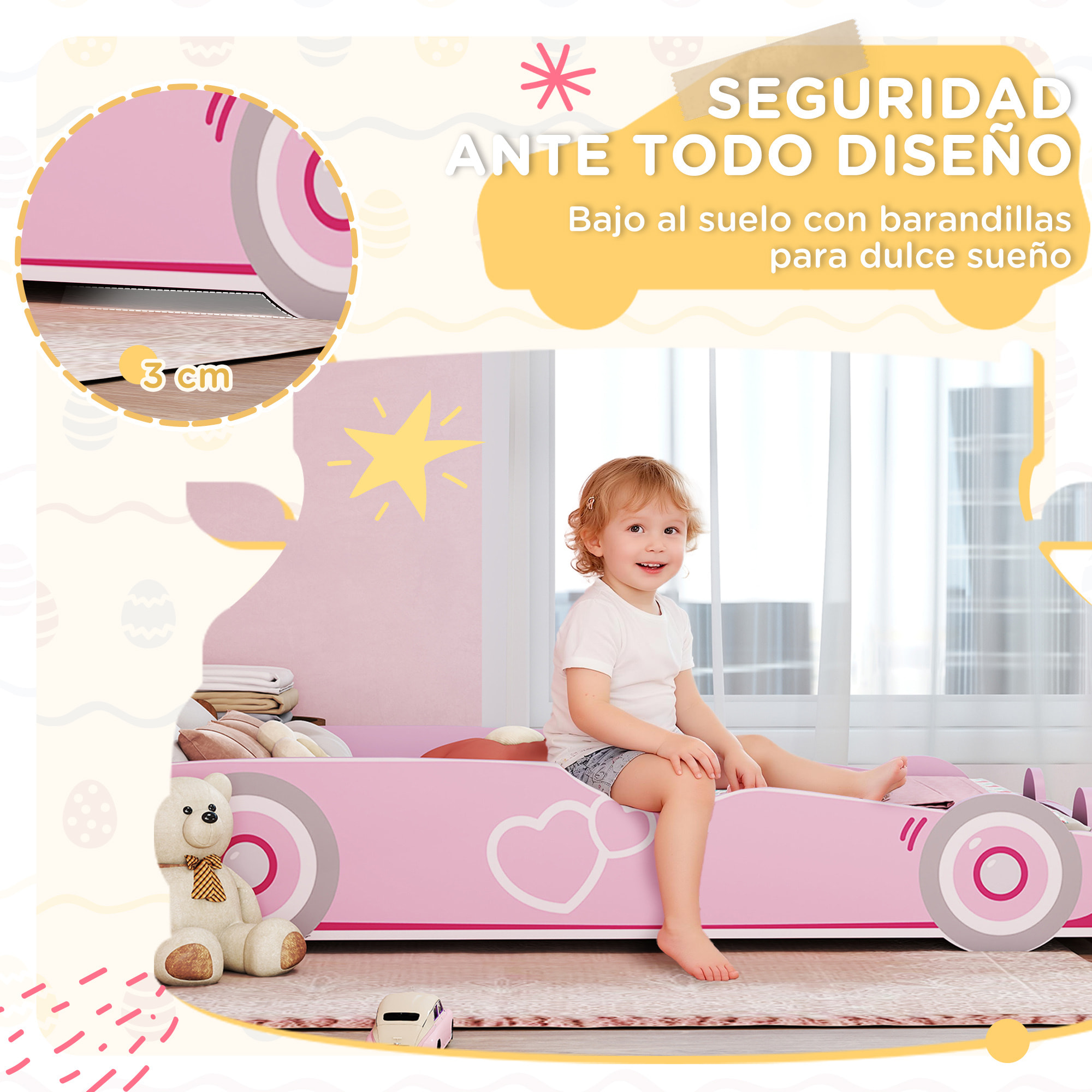 Cama Infantil 70x140 cm, Forma de Coche, Cama para Niños con Barrera Anticaídas y Somier, para Niños y Niñas de 3-5 Años, Rosa