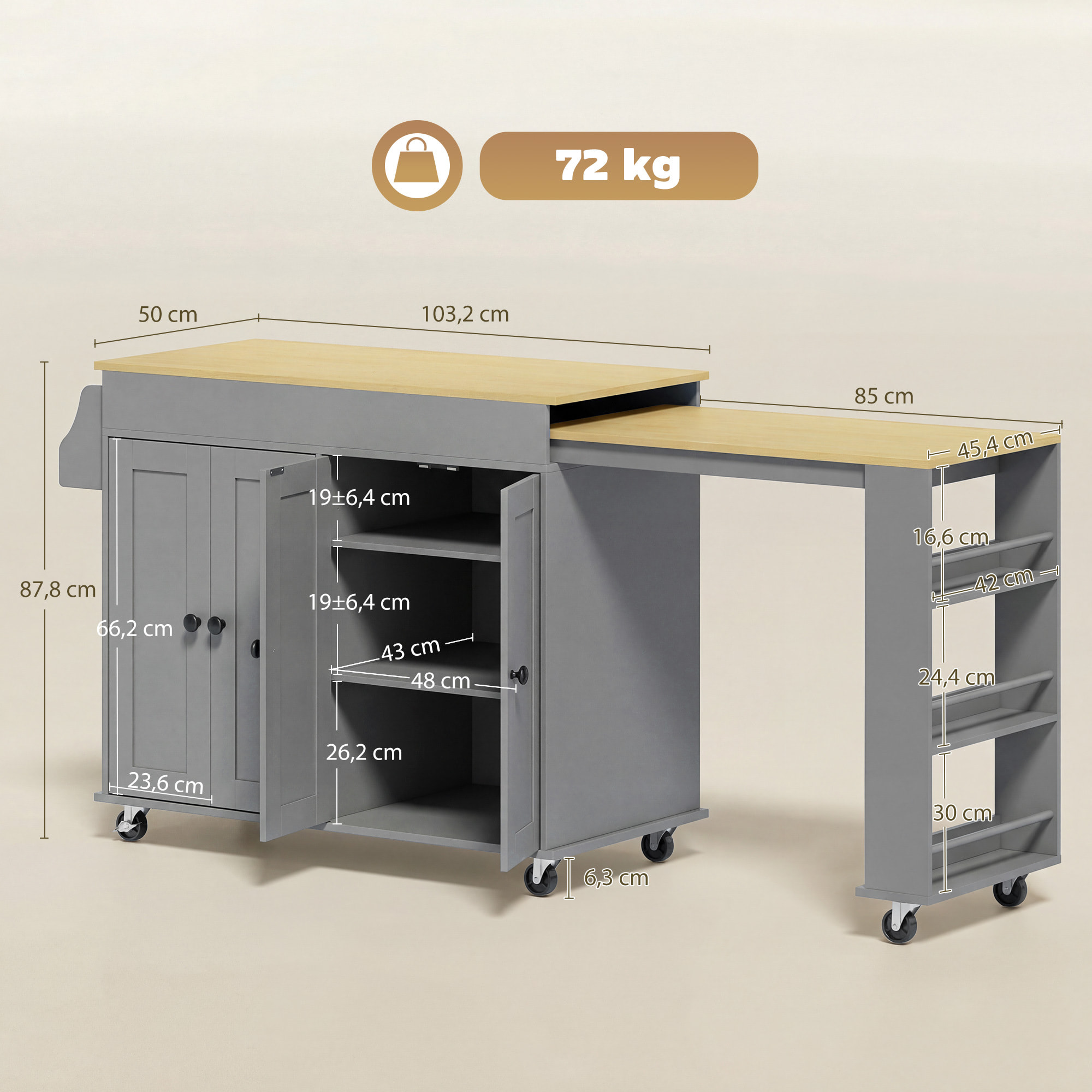 Isla de Cocina con Ruedas, Encimera Extensible, Carro de Cocina con 4 Puertas, Estantes Ajustables, Estantería Lateral Abierta, Especiero y Soporte para Toallas, para Comedor, Gris