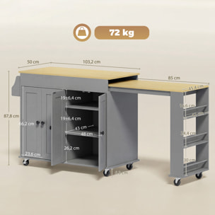 Isla de Cocina con Ruedas, Encimera Extensible, Carro de Cocina con 4 Puertas, Estantes Ajustables, Estantería Lateral Abierta, Especiero y Soporte para Toallas, para Comedor, Gris