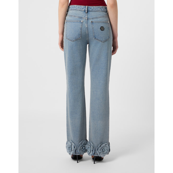 PHILIPP PLEIN Straight Cut Jeans Roses Strass