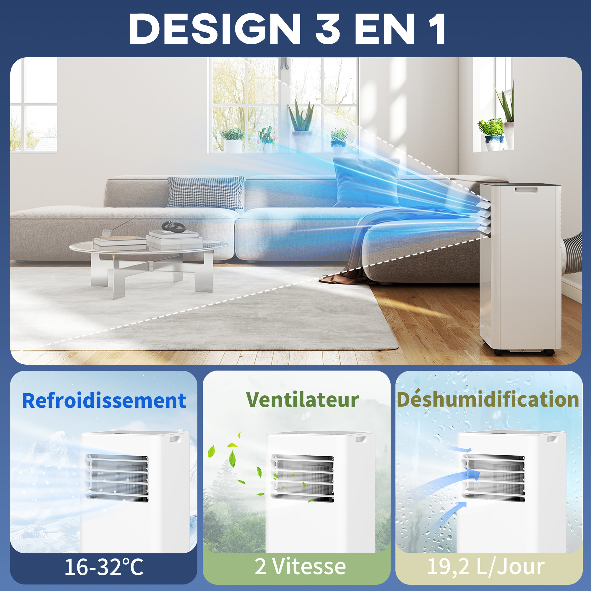 Climatiseur mobile 7000BTU 3 en 1 refroidissement ventilateur déshumidificateur télécommande kit d'évacution inclus blanc