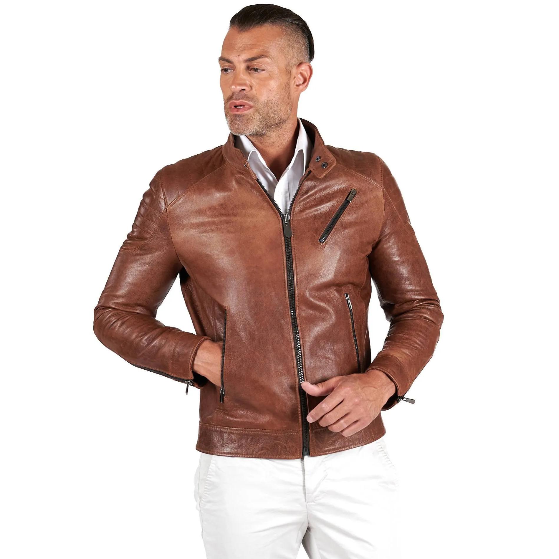 Giacca moto in pelle cuoio biker trapuntato spalle effetto liscio