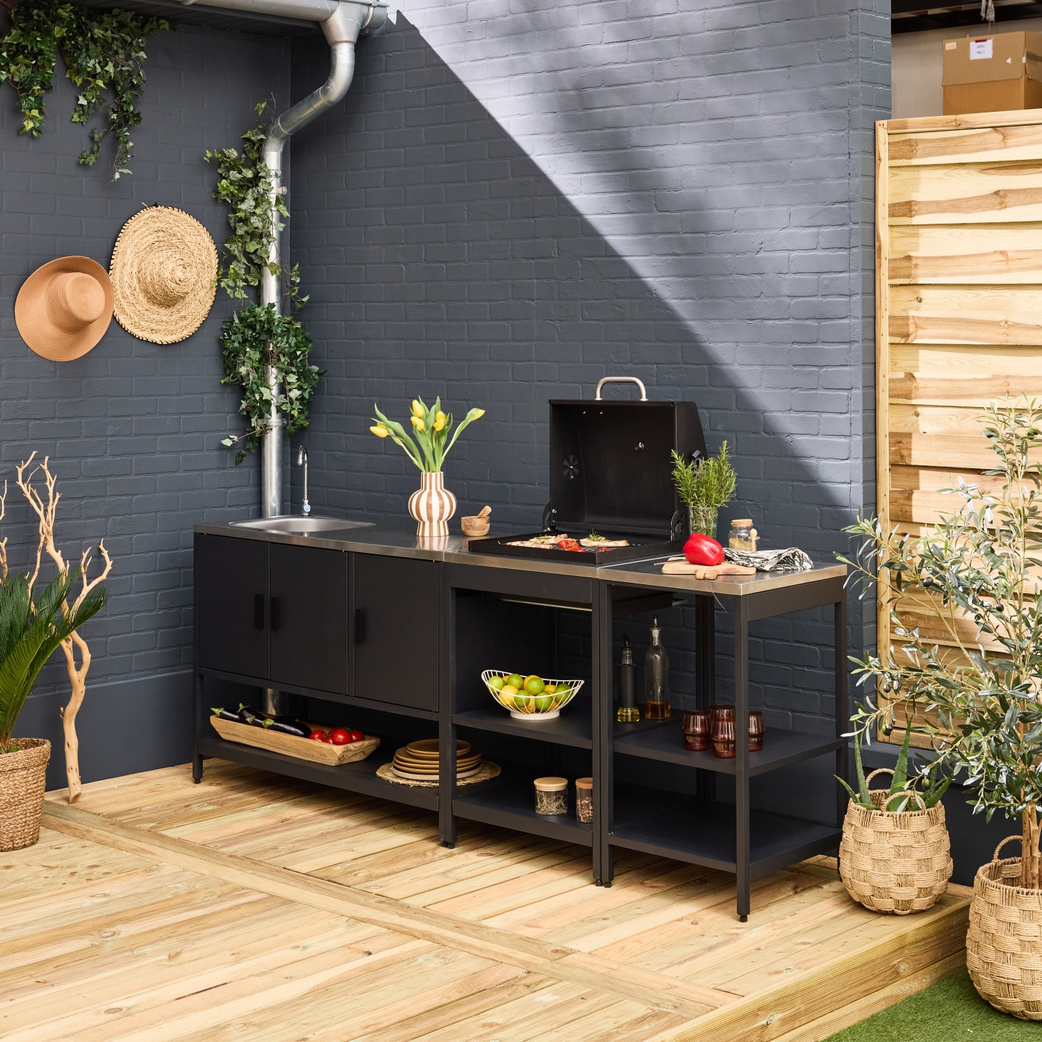Cuisine d'extérieure 3 modules avec barbecue charbon de bois sur pieds, 2 étagères et thermomètre NAXOS BARBECUE CHARBON + 2 MODULES