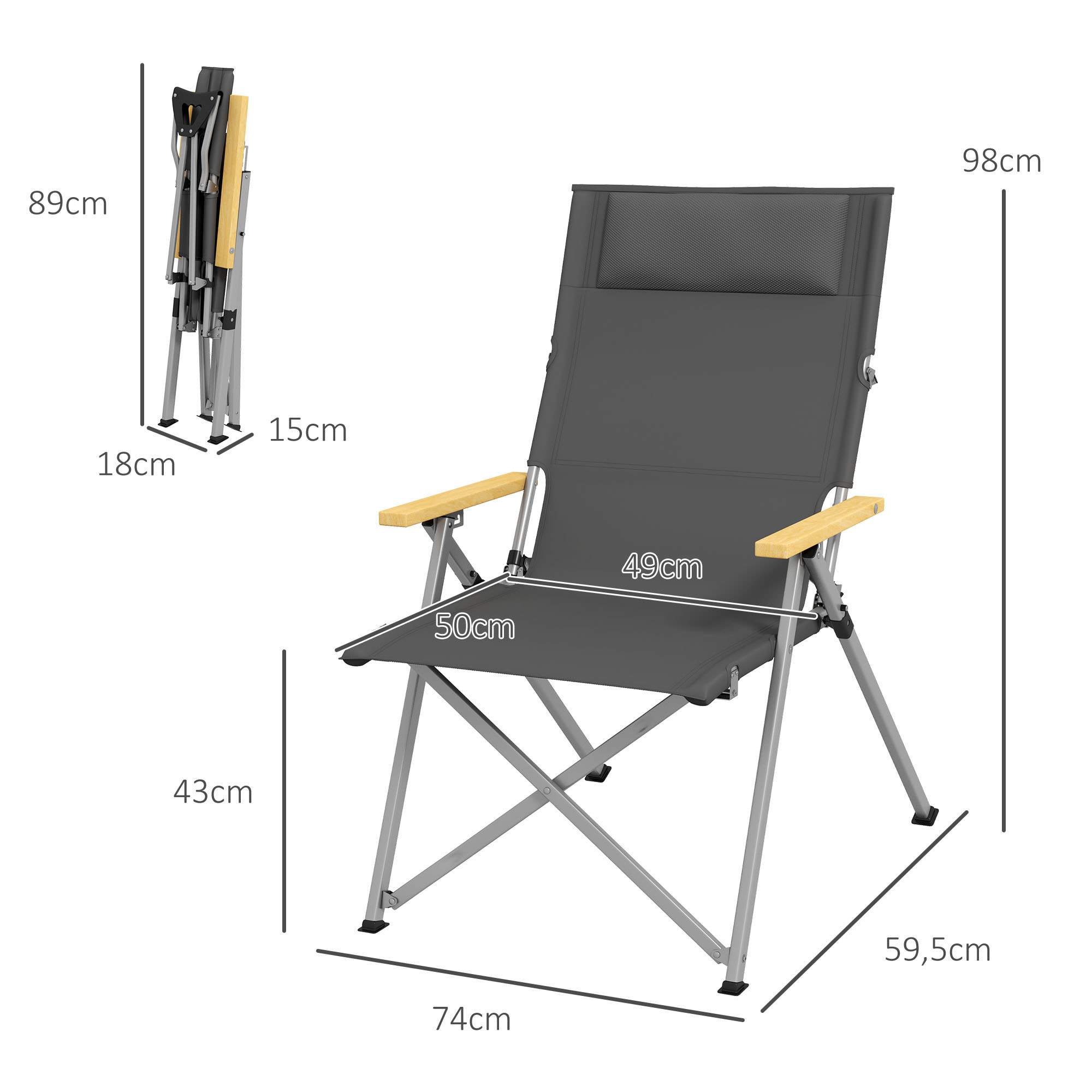 Chaise de camping pliable portable inclinable pochette rangement tétière alu accoudoirs bois gris