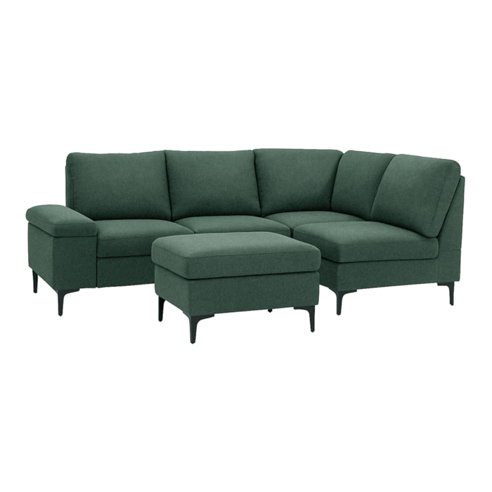 BRADLEY Canapé d'angle 4/5 places en tissu chenille vert avec pouf