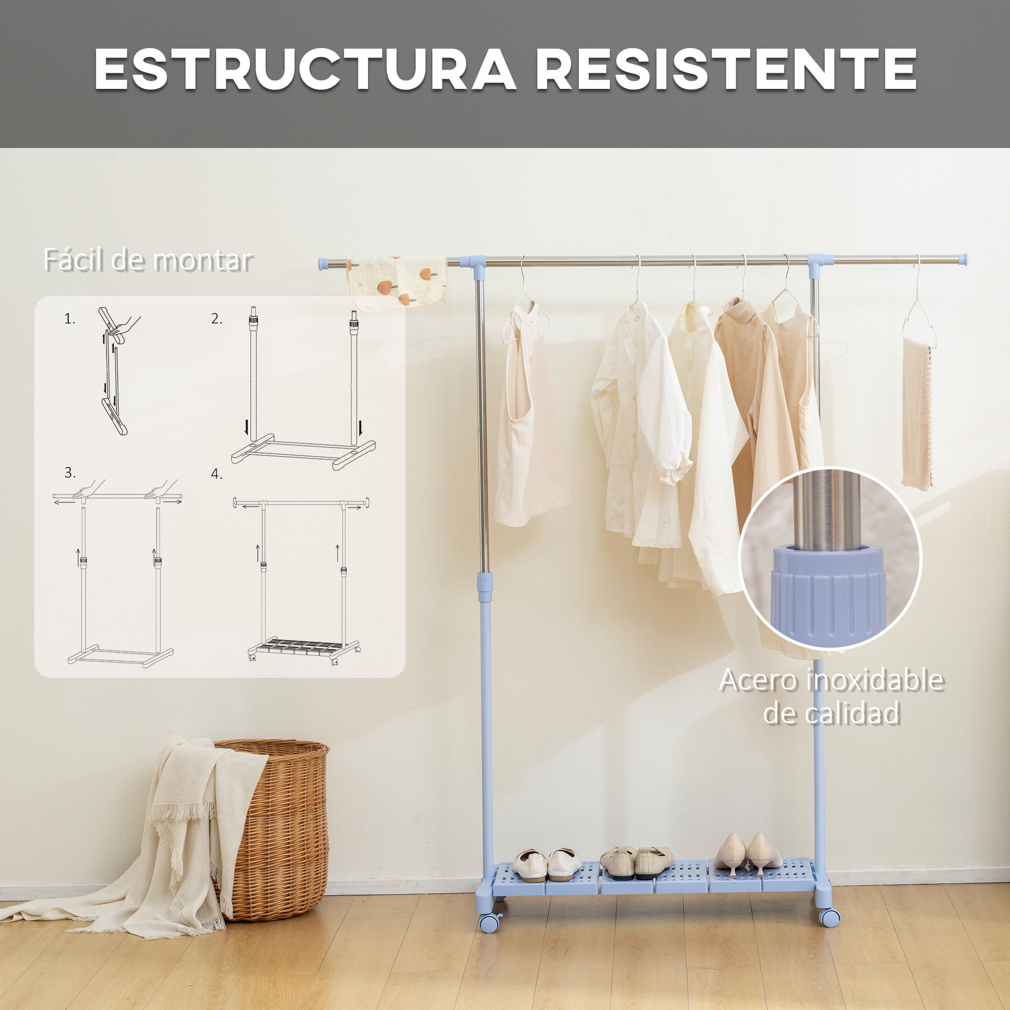 Tendedero Extensible con Ruedas, Tendedero de Ropa con Barra de Acero Inoxidable y Estante para Zapatos, Altura Ajustable, para Interior, Azul y Plata