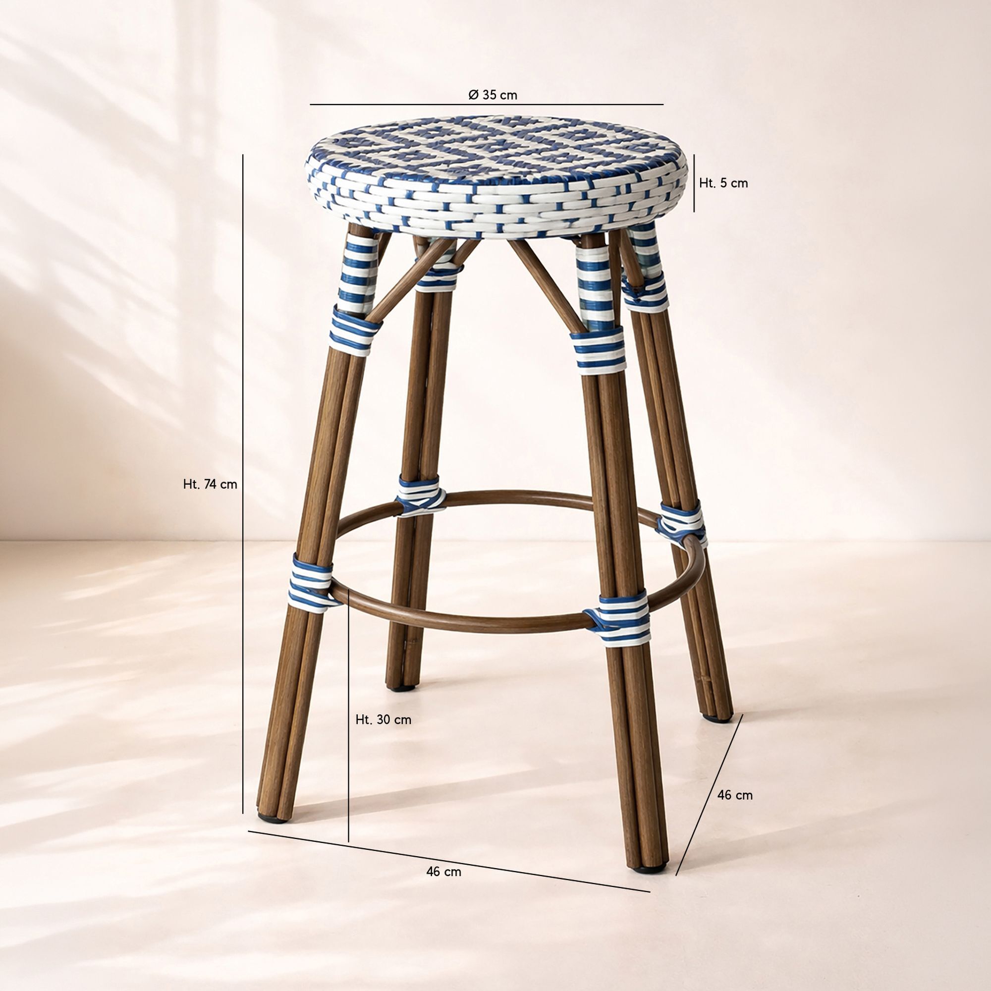 Tabouret de bar d'extérieur en textilène avec effet rotin tressé bleu SCALA