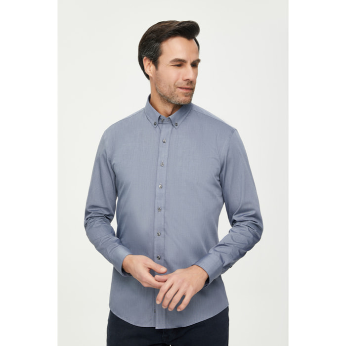Camicia 1 Bottone Button Downuomo Slim Fil a fil Unito Grigio Scuro