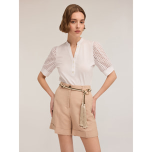 Motivi - Henley-Shirt mit Lochstickerei-Ärmeln - Blanco